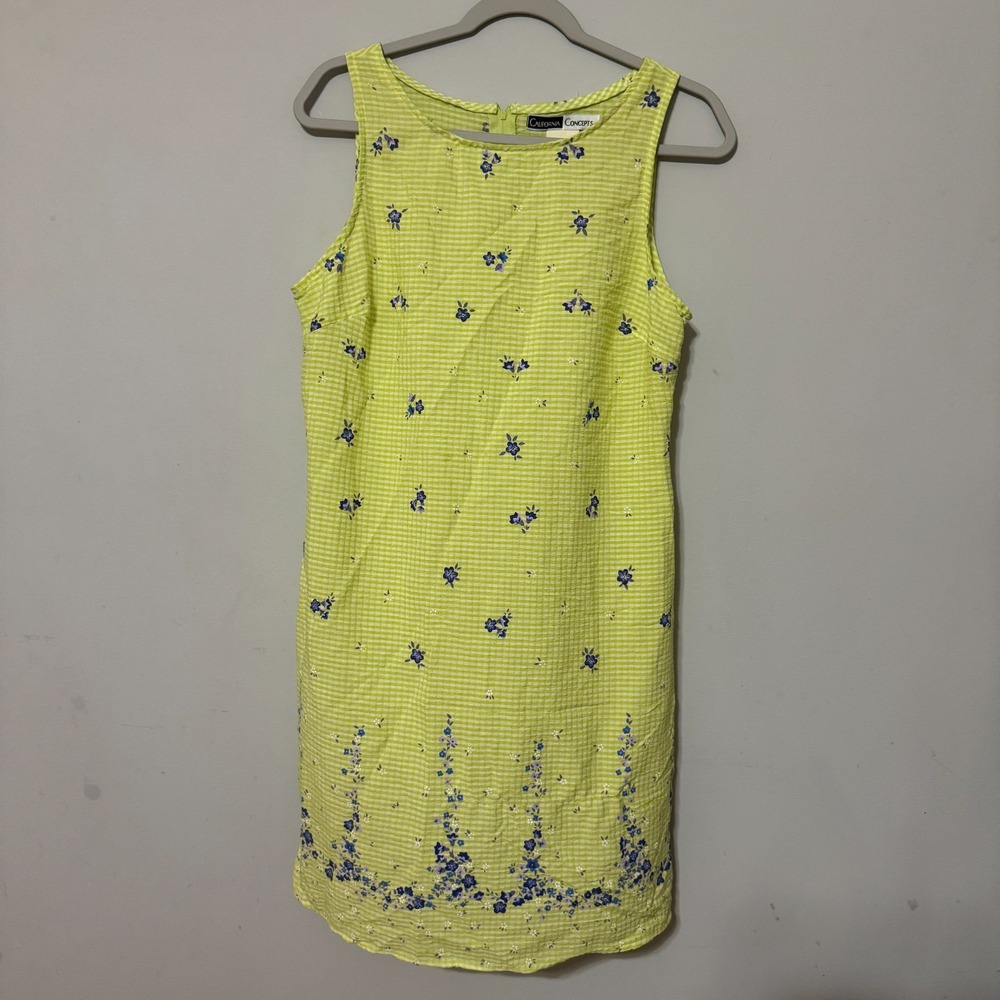 Vintage 90s California Concept Lime Gingham Floral Shift Dress Size 13 y2k